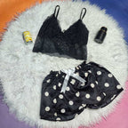 Women's Black Lace Bralette & Polka Dot Shorts Nightwear Set | Sexy Sleepwear & Loungewear | Inner Top and Short Cami Set