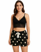 Women's Black Lace Bralette & Polka Dot Shorts Nightwear Set | Sexy Sleepwear & Loungewear | Inner Top and Short Cami Set